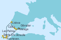 Visitando Málaga, Cádiz (España), Lisboa (Portugal), Fuerteventura (Canarias/España), Santa Cruz de Tenerife (España), Las Palmas de Gran Canaria (España), Arrecife (Lanzarote/España), Gibraltar (Inglaterra), Málaga