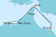 Visitando Abu Dhabi (Emiratos Árabes Unidos), Sir Bani Yas Is (Emiratos Árabes Unidos), Dubai, Dubai, Jasab (Omán), Muscat (Omán), Abu Dhabi (Emiratos Árabes Unidos)
