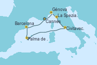 Visitando Cannes (Francia), Génova (Italia), La Spezia, Florencia y Pisa (Italia), Civitavecchia (Roma), Palma de Mallorca (España), Barcelona, Cannes (Francia)