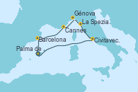 Visitando Palma de Mallorca (España), Barcelona, Cannes (Francia), Génova (Italia), La Spezia, Florencia y Pisa (Italia), Civitavecchia (Roma), Palma de Mallorca (España)