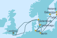 Visitando Londres (Reino Unido), Copenhague (Dinamarca), Berlín (Alemania), Tallin (Estonia), Helsinki (Finlandia), Estocolmo (Suecia), Kiel (Alemania), Gotemburgo (Suecia), Londres (Reino Unido)