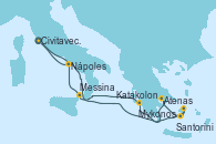 Visitando Civitavecchia (Roma), Mykonos (Grecia), Kusadasi (Efeso/Turquía), Santorini (Grecia), Atenas (Grecia), Katakolon (Olimpia/Grecia), Messina (Sicilia), Nápoles (Italia), Civitavecchia (Roma)