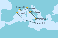 Visitando Palermo (Italia), La Valletta (Malta), Barcelona, Marsella (Francia), Génova (Italia), Civitavecchia (Roma), Palermo (Italia)