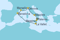Visitando Palermo (Italia), La Valletta (Malta), Barcelona, Marsella (Francia), Génova (Italia), Nápoles (Italia), Messina (Sicilia)