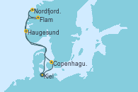 Visitando Kiel (Alemania), Copenhague (Dinamarca), Nordfjordeid, Flam (Noruega), Haugesund (Noruega), Kiel (Alemania)