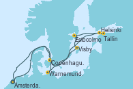 Visitando Ámsterdam (Holanda), Visby (Suecia), Estocolmo (Suecia), Helsinki (Finlandia), Tallin (Estonia), Warnemunde (Alemania), Copenhague (Dinamarca), Copenhague (Dinamarca), Ámsterdam (Holanda)