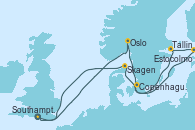 Visitando Southampton (Inglaterra), Oslo (Noruega), Copenhague (Dinamarca), Copenhague (Dinamarca), Tallin (Estonia), Estocolmo (Suecia), Estocolmo (Suecia), Skagen (Dinamarca), Southampton (Inglaterra)