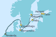 Visitando Ámsterdam (Holanda), Warnemunde (Alemania), Visby (Suecia), Tallin (Estonia), Helsinki (Finlandia), Estocolmo (Suecia), Copenhague (Dinamarca), Copenhague (Dinamarca), Ámsterdam (Holanda)