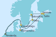 Visitando Ámsterdam (Holanda), Warnemunde (Alemania), Helsinki (Finlandia), Tallin (Estonia), Estocolmo (Suecia), Visby (Suecia), Copenhague (Dinamarca), Copenhague (Dinamarca), Ámsterdam (Holanda)