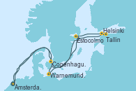 Visitando Ámsterdam (Holanda), Warnemunde (Alemania), Estocolmo (Suecia), Estocolmo (Suecia), Helsinki (Finlandia), Tallin (Estonia), Copenhague (Dinamarca), Copenhague (Dinamarca), Ámsterdam (Holanda)