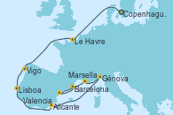 Visitando Copenhague (Dinamarca), Le Havre (Francia), Vigo (España), Lisboa (Portugal), Alicante (España), Génova (Italia), Marsella (Francia), Valencia, Barcelona