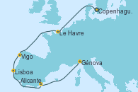 Visitando Copenhague (Dinamarca), Le Havre (Francia), Vigo (España), Lisboa (Portugal), Alicante (España), Génova (Italia)