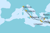 Visitando Haifa (Israel), Chania (Creta/Grecia), Génova (Italia), Civitavecchia (Roma), Messina (Sicilia), Rodas (Grecia), Limassol (Chipre), Haifa (Israel)