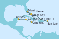Visitando Miami (Florida/EEUU), Ocho Ríos (Jamaica), Gran Caimán (Islas Caimán), Cozumel (México), Ocean Cay MSC Marine Reserve (Bahamas), Miami (Florida/EEUU), Puerto Plata, Republica Dominicana, San Juan (Puerto Rico), Nassau (Bahamas), Ocean Cay MSC Marine Reserve (Bahamas), Miami (Florida/EEUU)