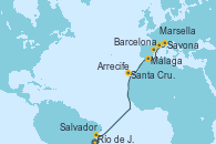 Visitando Río de Janeiro (Brasil), Salvador de Bahía (Brasil), Santa Cruz de Tenerife (España), Arrecife (Lanzarote/España), Málaga, Barcelona, Marsella (Francia), Savona (Italia)