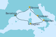 Visitando Barcelona, Cagliari (Cerdeña), Nápoles (Italia), Civitavecchia (Roma), Génova (Italia), Barcelona