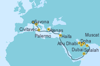 Visitando Savona (Italia), Civitavecchia (Roma), Palermo (Italia), Atenas (Grecia), Haifa (Israel), Salalah (Omán), Muscat (Omán), Doha (Catar), Abu Dhabi (Emiratos Árabes Unidos), Dubai