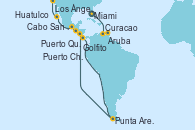 Visitando Miami (Florida/EEUU), Curacao (Antillas), Aruba (Antillas), Golfito (Costa Rica), Punta Arenas (Chile), Puerto Quetzal (Guatemala), Puerto Chiapas (México), Huatulco (México), Cabo San Lucas (México), Los Ángeles (California)