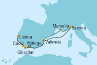 Visitando Málaga,Cádiz (España),Lisboa (Portugal),Gibraltar (Inglaterra),Navegación,Valencia,Navegación,Savona (Italia),Marsella (Francia),Navegación,Málaga