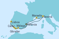 Visitando Valencia, Savona (Italia), Marsella (Francia), Málaga, Cádiz (España), Lisboa (Portugal), Gibraltar (Inglaterra), Valencia
