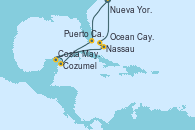 Visitando Nueva York (Estados Unidos), Puerto Cañaveral (Florida), Cozumel (México), Costa Maya (México), Nassau (Bahamas), Ocean Cay MSC Marine Reserve (Bahamas), Nueva York (Estados Unidos)