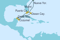 Visitando Nueva York (Estados Unidos), Puerto Cañaveral (Florida), Cozumel (México), Costa Maya (México), Ocean Cay MSC Marine Reserve (Bahamas), Miami (Florida/EEUU), Nueva York (Estados Unidos)