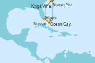 Visitando Nueva York (Estados Unidos), Miami (Florida/EEUU), Ocean Cay MSC Marine Reserve (Bahamas), Nassau (Bahamas), Nueva York (Estados Unidos), Kings Wharf (Bermudas), Kings Wharf (Bermudas), Kings Wharf (Bermudas), Nueva York (Estados Unidos)