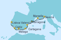 Visitando Tarragona (España), Savona (Italia), Marsella (Francia), Cádiz (España), Lisboa (Portugal), Málaga, Cartagena (Murcia), Valencia