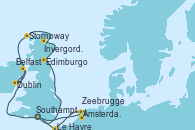 Visitando Southampton (Inglaterra), Edimburgo (Escocia), Invergordon (Escocia), Stornoway (Isla de Lewis/Escocia), Dublin (Irlanda), Belfast (Irlanda), Ámsterdam (Holanda), Zeebrugge (Bruselas), Le Havre (Francia), Southampton (Inglaterra)