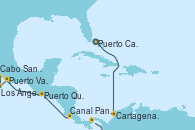 Visitando Puerto Cañaveral (Florida), Cartagena de Indias (Colombia), Canal Panamá, Puerto Caldera (Costa Rica), Puerto Quetzal (Guatemala), Puerto Vallarta (México), Cabo San Lucas (México), Los Ángeles (California)