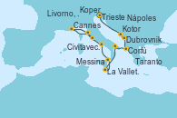Visitando Trieste (Italia), Koper (Eslovenia), Dubrovnik (Croacia), Kotor (Montenegro), Corfú (Grecia), Taranto (Italia), La Valletta (Malta), Messina (Sicilia), Nápoles (Italia), Livorno, Pisa y Florencia (Italia), Livorno, Pisa y Florencia (Italia), Cannes (Francia), Civitavecchia (Roma)