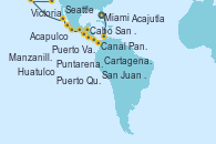 Visitando Miami (Florida/EEUU), Cartagena de Indias (Colombia), Canal Panamá, Puntarenas (Costa Rica), San Juan del Sur (Nicaragua), Acajutla (El Salvador), Puerto Quetzal (Guatemala), Huatulco (México), Acapulco (México), Manzanillo (México), Puerto Vallarta (México), Cabo San Lucas (México), Victoria (Canadá), Seattle (Washington/EEUU)