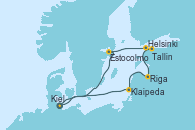 Visitando Kiel (Alemania), Estocolmo (Suecia), Estocolmo (Suecia), Helsinki (Finlandia), Tallin (Estonia), Riga (Letonia), Klaipeda (Lituania), Kiel (Alemania)