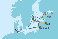 Visitando Kiel (Alemania), Estocolmo (Suecia), Visby (Suecia), Helsinki (Finlandia), Tallin (Estonia), Riga (Letonia), Klaipeda (Lituania), Kiel (Alemania)