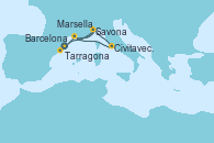 Visitando Barcelona, Marsella (Francia), Savona (Italia), Civitavecchia (Roma), Marsella (Francia), Savona (Italia), Tarragona (España)