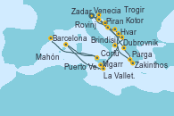 Visitando Venecia (Italia), Rovinj (Croacia), Corfú (Grecia), Zakinthos (Grecia), Parga (Grecia), Brindisi (Italia), Dubrovnik (Croacia), Trogir (Croacia), Piran (Eslovenia), Venecia (Italia), Zadar (Croacia), Hvar (Croacia), Kotor (Montenegro), Mgarr (Malta), La Valletta (Malta), La Valletta (Malta), Mahón (Menorca/España), Puerto Vendres (Francia), Barcelona