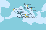 Visitando Venecia (Italia), Zadar (Croacia), Hvar (Croacia), Kotor (Montenegro), Mgarr (Malta), La Valletta (Malta), La Valletta (Malta), Mahón (Menorca/España), Puerto Vendres (Francia), Barcelona