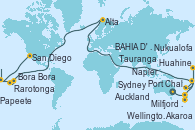 Visitando Sydney (Australia), Sydney (Australia), Milfjord Sound (Nueva Zelanda), Port Chalmers (Nueva Zelanda), Akaroa (Nueva Zelanda), Wellington (Nueva Zelanda), Napier (Nueva Zelanda), Tauranga (Nueva Zelanda), Auckland (Nueva Zelanda), Auckland (Nueva Zelanda), Nukualofa (Tongatapu), Alta (Noruega), Rarotonga (Islas Cook), Bora Bora (Polinesia), BAHIA D' OPUNOHA, MOOREA, Huahine (Islas de la Sociedad), Papeete (Tahití), Papeete (Tahití), Fakarava (Polinesia Francesa), Nuku Hiva (Polinesia Francesa), San Diego (California/EEUU)