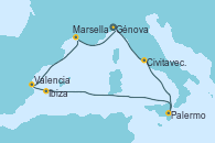 Visitando Génova (Italia), Civitavecchia (Roma), Palermo (Italia), Ibiza (España), Valencia, Marsella (Francia), Génova (Italia)