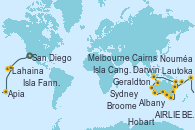 Visitando San Diego (California/EEUU), Honolulu (Hawai), Lahaina  (Hawai), Hilo (Hawai), Isla Fanning (Tabuaeran/Australia), Pago Pago (Samoa), Apia (Samoa), Suva (Fiyi), Lautoka (Fiyi), Puerto Vila (Vanuatu), Nouméa (Nueva Caledonia), Brisbane (Australia), AIRLIE BEACH, Townsville, Cairns (Australia), Limbe, Darwin (Australia), Islas Komodo (Indonesia), Broome (Australia), Exmouth (Australia), Geraldton (Australia), Perth (Australia), Perth (Australia), Albany (Australia), Port Lincoln (Australia), Isla Canguro (Australia), Adelaide (Australia), Melbourne (Australia), Port Arthur (Tasmania/Australia), Hobart (Australia), Sydney (Australia)