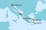 Visitando Marghera (Venecia/Italia), Katakolon (Olimpia/Grecia), Mykonos (Grecia), Santorini (Grecia), Bari (Italia), Marghera (Venecia/Italia)