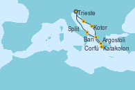 Visitando Trieste (Italia), Split (Croacia), Kotor (Montenegro), Katakolon (Olimpia/Grecia), Argostoli (Grecia), Corfú (Grecia), Bari (Italia), Trieste (Italia)