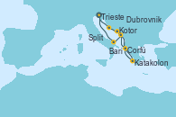 Visitando Trieste (Italia), Split (Croacia), Kotor (Montenegro), Katakolon (Olimpia/Grecia), Corfú (Grecia), Dubrovnik (Croacia), Bari (Italia), Trieste (Italia)