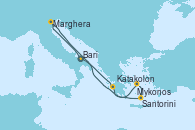 Visitando Bari (Italia), Marghera (Venecia/Italia), Katakolon (Olimpia/Grecia), Mykonos (Grecia), Santorini (Grecia), Bari (Italia)