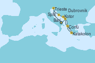 Visitando Bari (Italia), Trieste (Italia), Split (Croacia), Kotor (Montenegro), Katakolon (Olimpia/Grecia), Corfú (Grecia), Dubrovnik (Croacia), Bari (Italia)