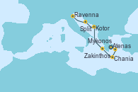 Visitando Atenas (Grecia), Mykonos (Grecia), Chania (Creta/Grecia), Zakinthos (Grecia), Kotor (Montenegro), Split (Croacia), Ravenna (Italia)