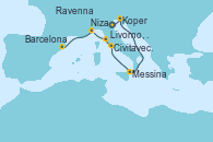 Visitando Ravenna (Italia), Koper (Eslovenia), Messina (Sicilia), Civitavecchia (Roma), Livorno, Pisa y Florencia (Italia), Niza (Francia), Barcelona