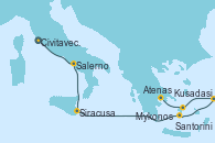 Visitando Civitavecchia (Roma), Salerno (Italia), Siracusa (Sicilia), Santorini (Grecia), Kusadasi (Efeso/Turquía), Mykonos (Grecia), Atenas (Grecia)