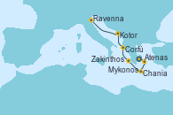 Visitando Atenas (Grecia), Mykonos (Grecia), Chania (Creta/Grecia), Zakinthos (Grecia), Corfú (Grecia), Kotor (Montenegro), Ravenna (Italia)