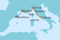Visitando Barcelona, Marsella (Francia), Niza (Francia), Génova (Italia), Portofino (Italia), Livorno, Pisa y Florencia (Italia), Civitavecchia (Roma)